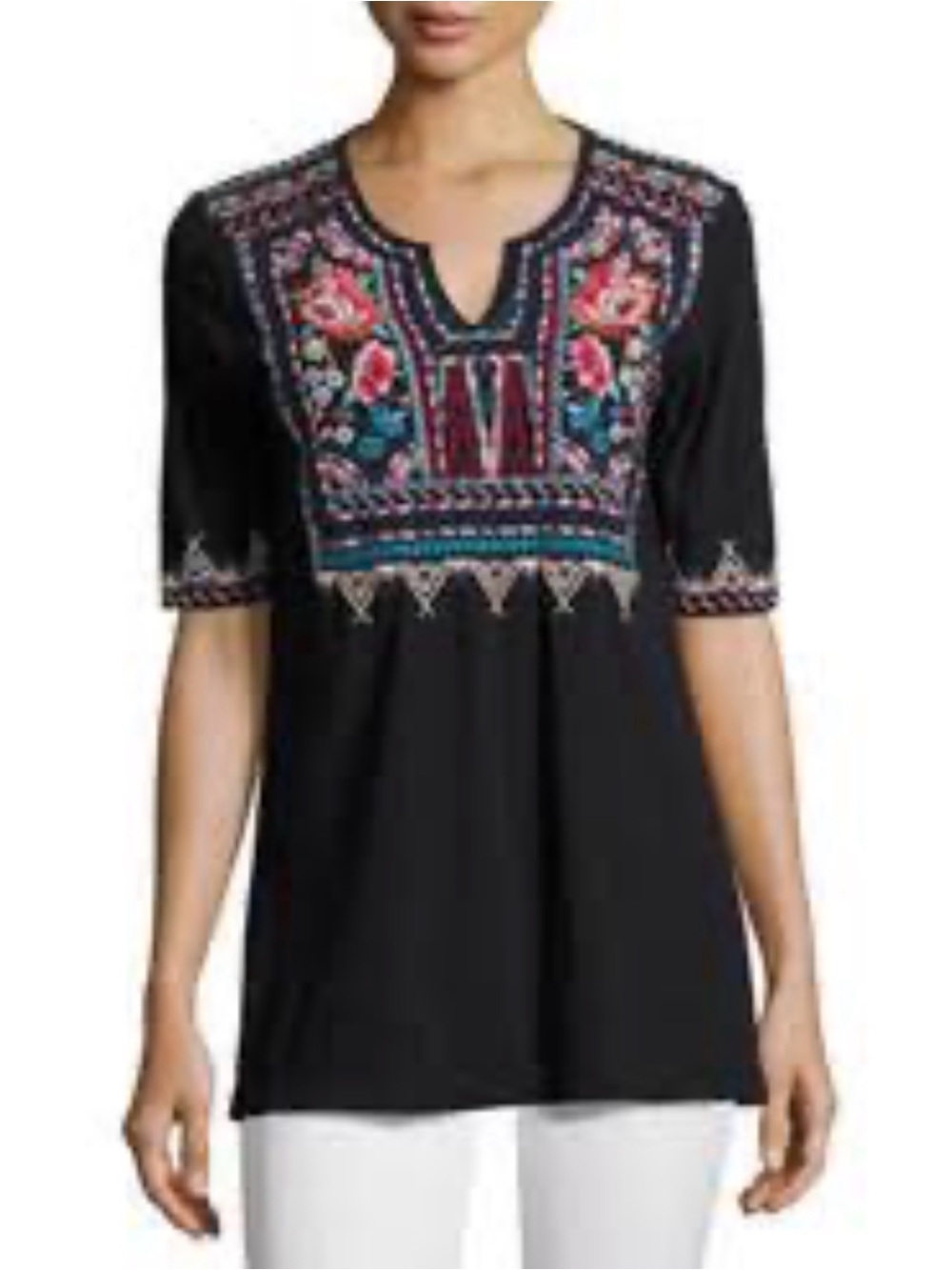Johnny Was Black Tunic with Multicolor Floral Embroidery